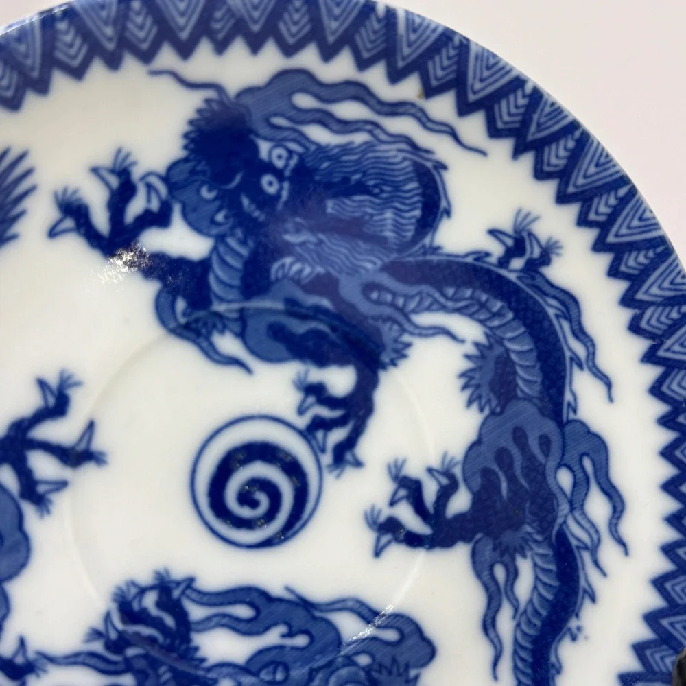 Vintage Japanese Blue & White Dragon Saucer Plates Set of 2